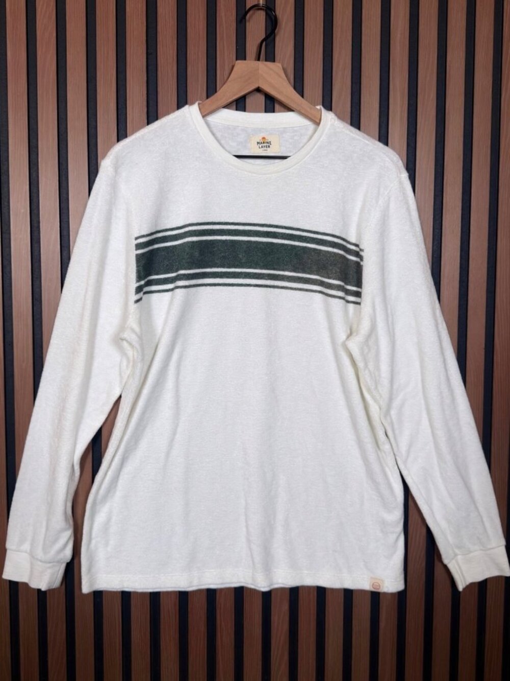 Marine Layer Shirt Large Mens White Long Sleeve Terry Fleece Front Stripe